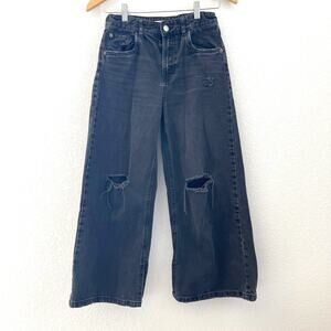 Zara Kids Distressed Black Jeans Size 13-14 Adjustable Waist Straight Leg